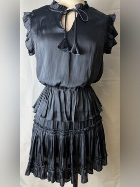 RESET Navy Satin Look Ruffle Tiered Mini Dress Tie Neck Flutter Sleeve Sz Small